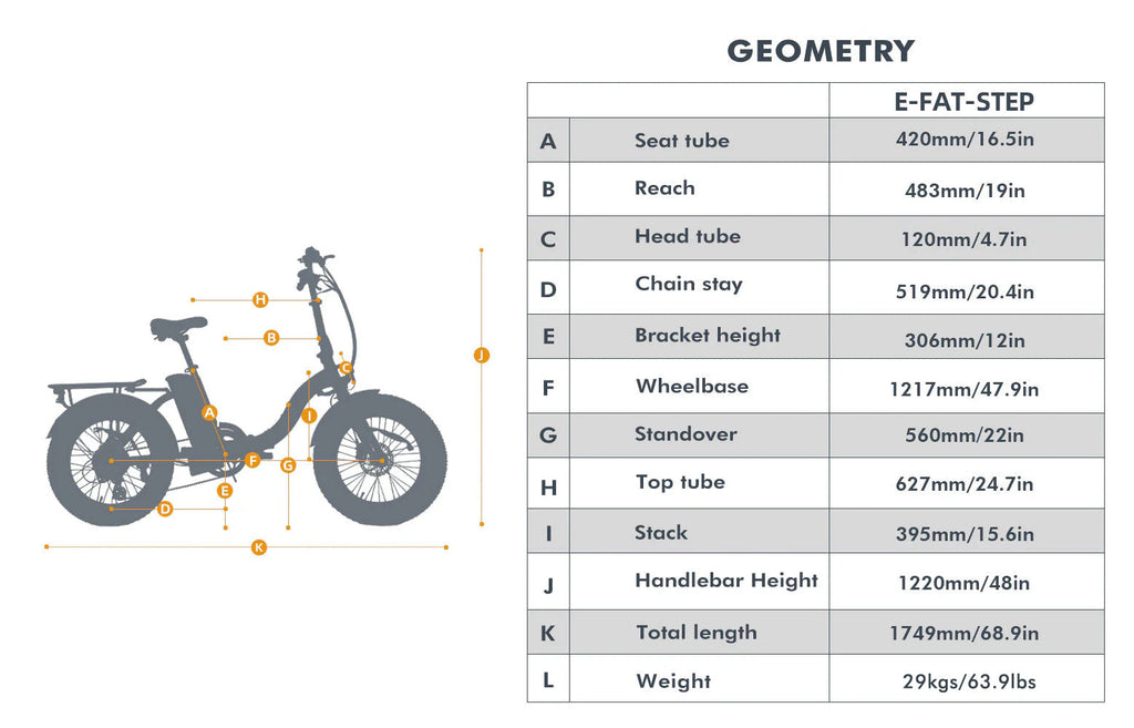 E-FAT-MN Foldable Step Over Fat Tire Electric Bike geometry