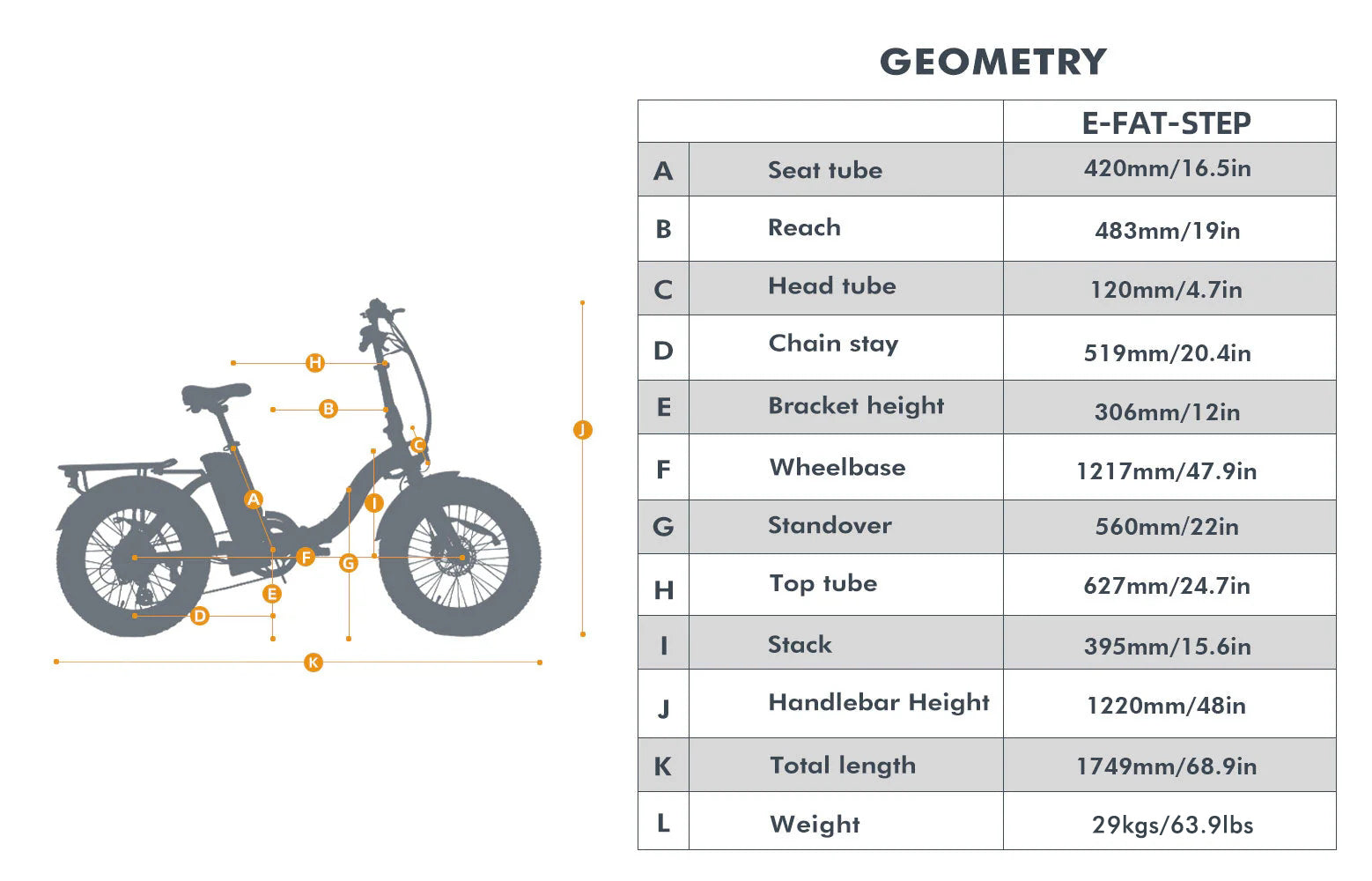 E-FAT-MN Foldable Step Over Fat Tire Electric Bike geometry