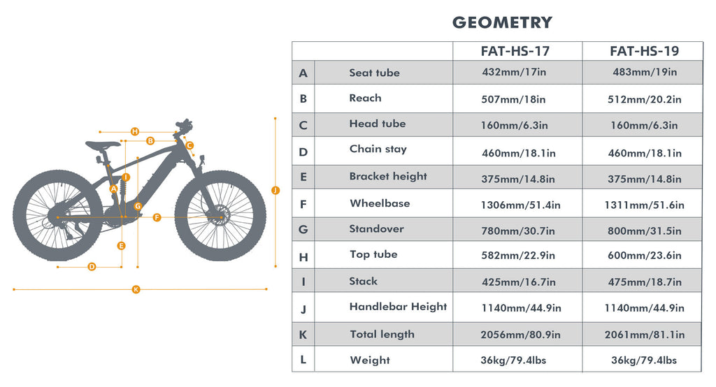 hunting ebike fat hs geometry chart