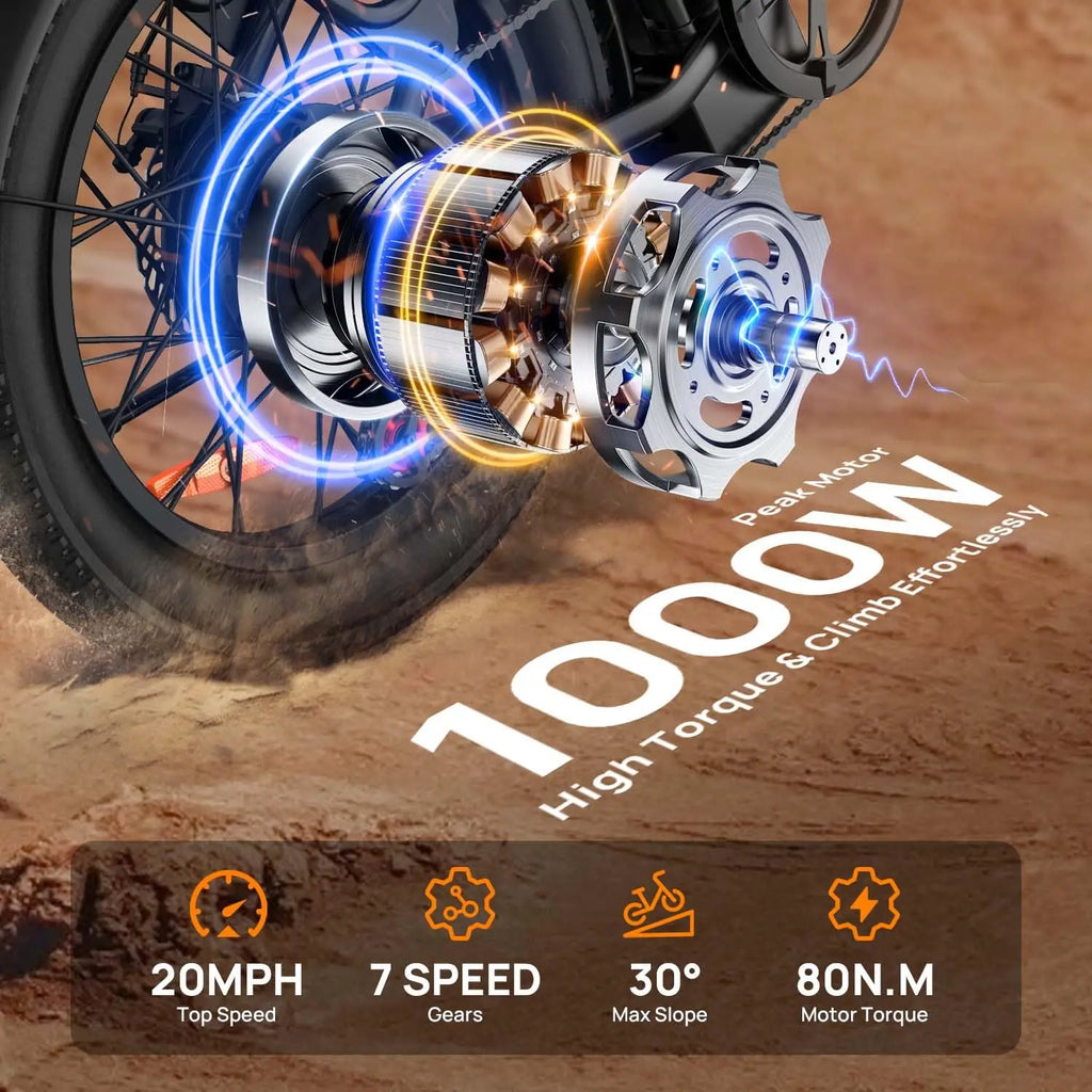 1000W E20 Electric Bike | 48V 13Ah Removable Battery, 20MPH, 20''X3" Fat Tire, 7-Speed Electric Bicycles with Dual Disc Brake