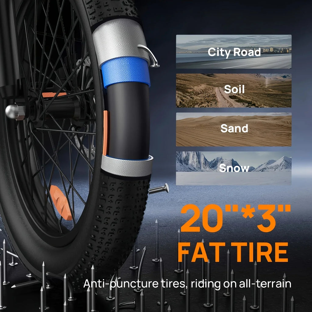 1000W E20 Electric Bike | 48V 13Ah Removable Battery, 20MPH, 20''X3" Fat Tire, 7-Speed Electric Bicycles with Dual Disc Brake
