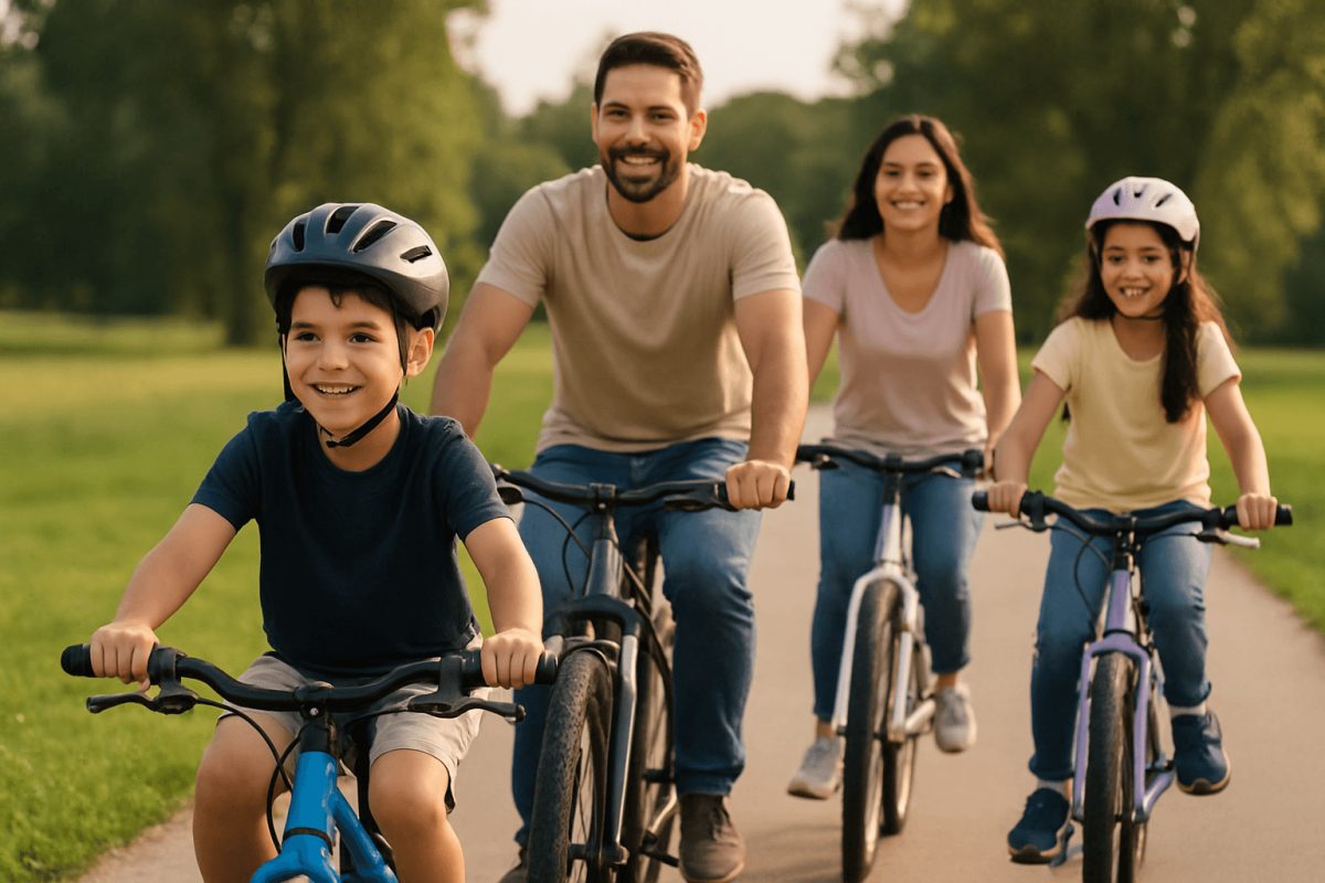 Family riding bikes together in the park