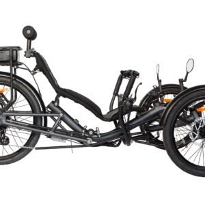 Voyager recumbent electric trike in studio view