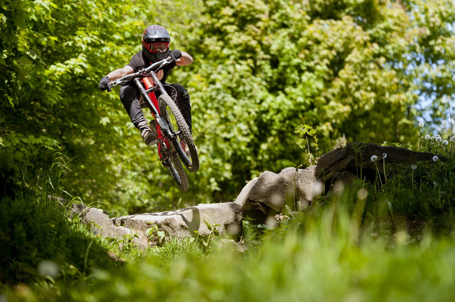 Mountain biker jumping on trail